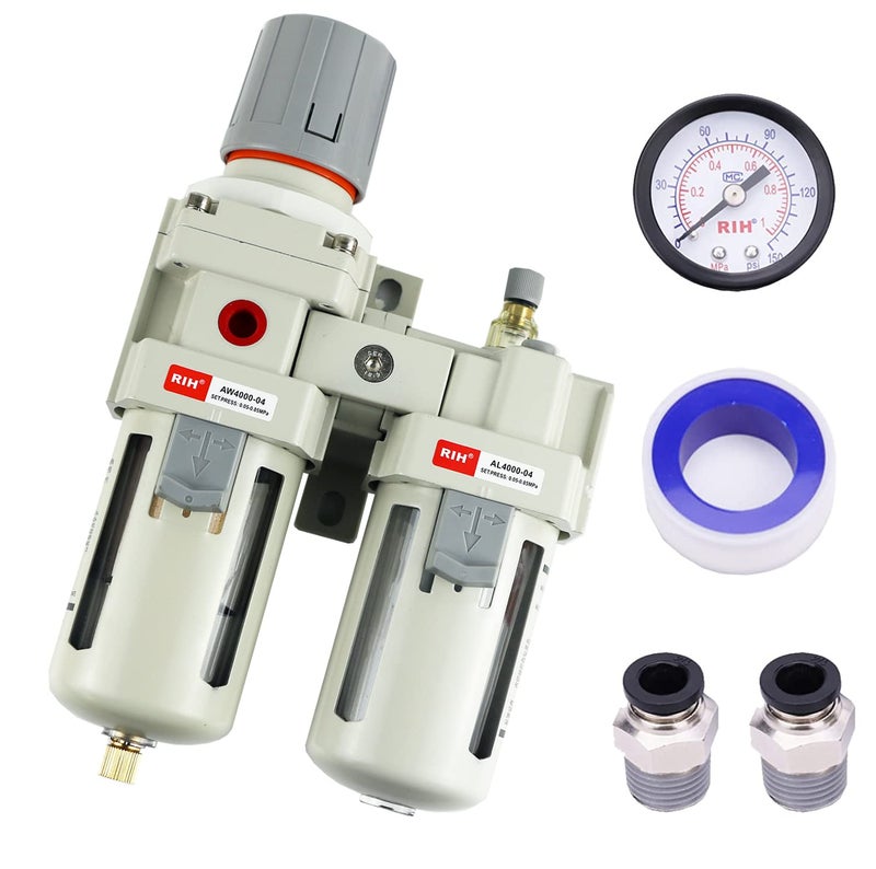 RH Pneumatics 1/2" NPT Compressed Air Filter Regulator Lubricator Combo Water/Oil Trap Separator - Gauge(0-150 psi), Semi-Auto Drain, Poly Bowl,Bracket - 3 in 1 Two Unit (1/2" NPT) - Image 1